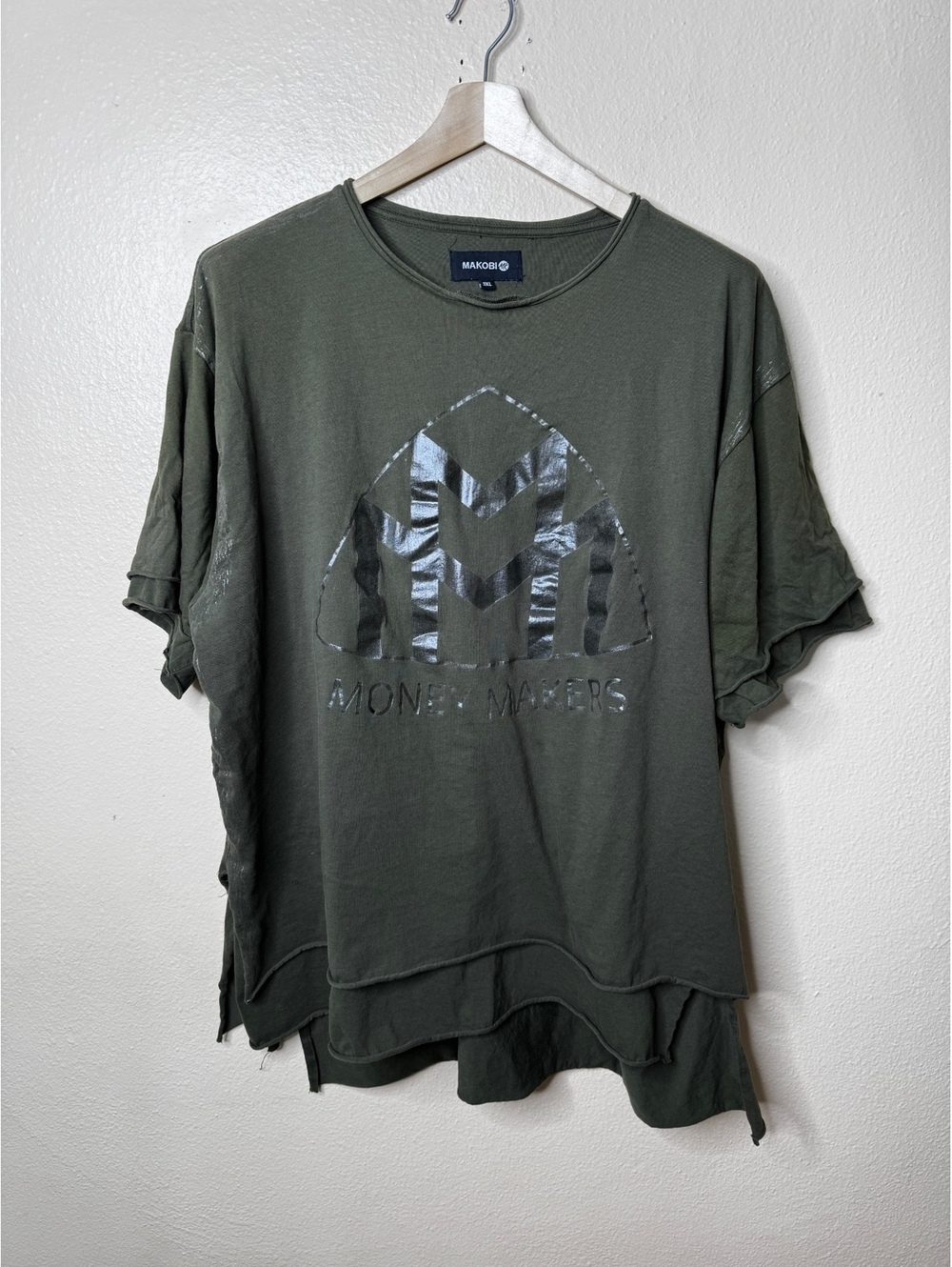 Makobi Men’s 3XL Olive Green Money Makers Metallic Logo Oversized T-Shirt
